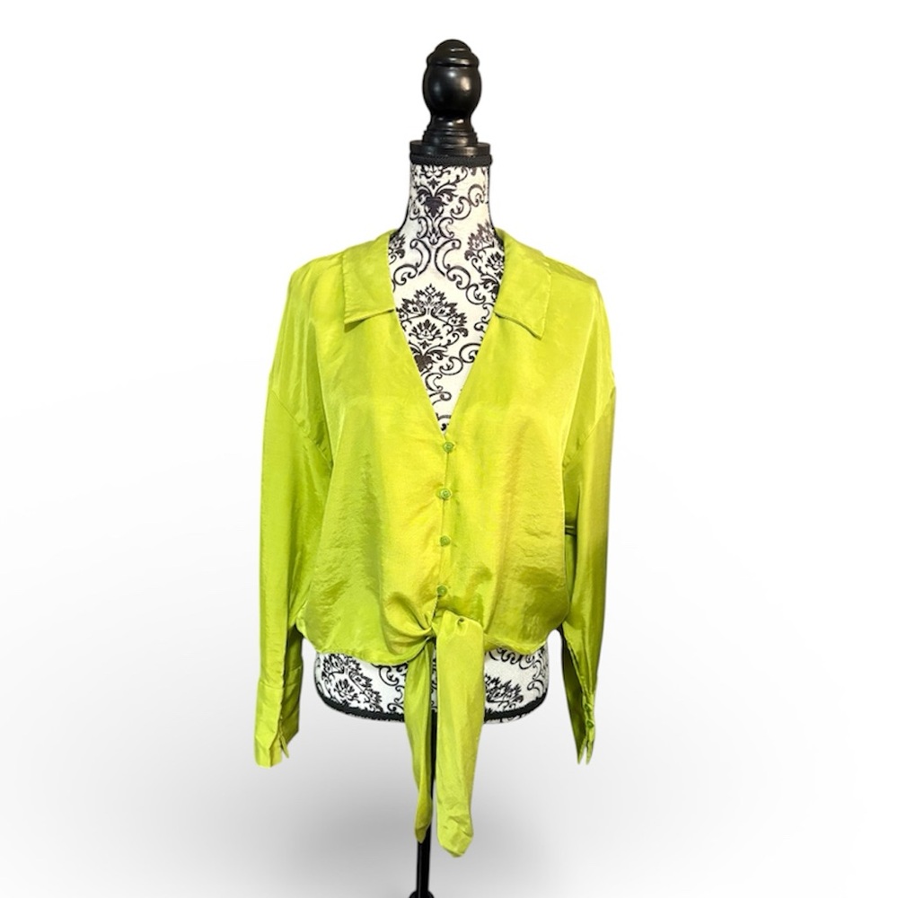 ZARA Bright Lime Green Tie-Front Blouse